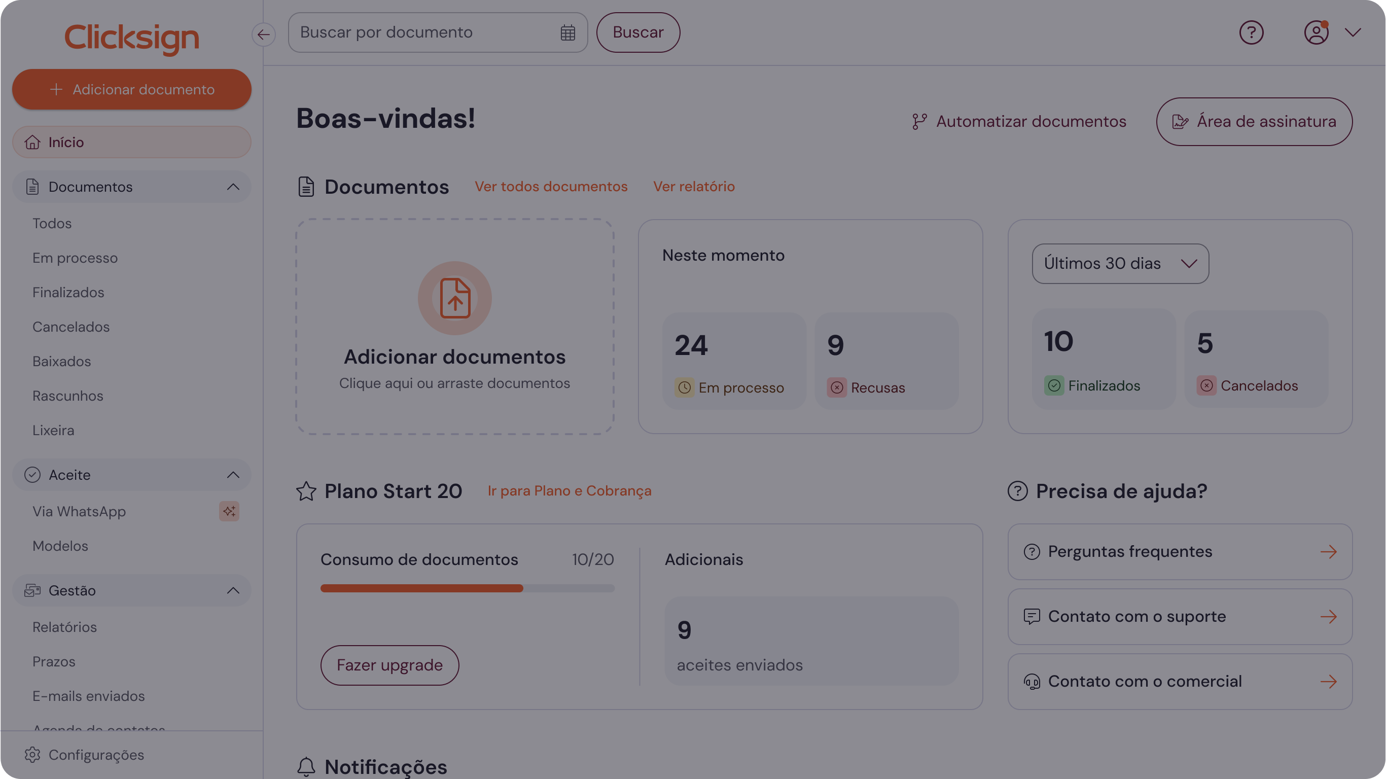 Visão geral da dashboard da plataforma Clicksign